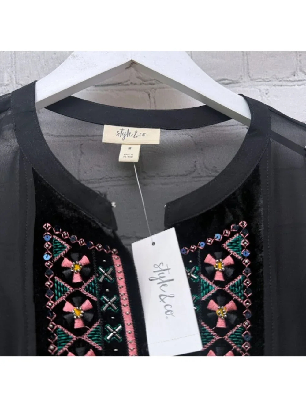 Style & Co Boho Blouse Size Medium Black Embroidered Chiffon Womens Top NWT - Picture 3 of 11